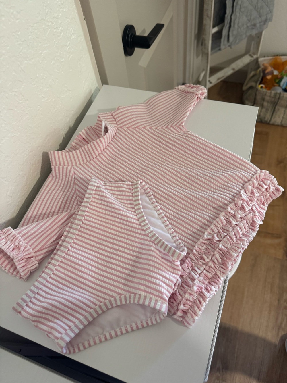 ruffle butt pink striped swim set 12-18months
